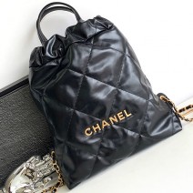 Small Chanel 22 Shiny Calfskin Backpack Black with Gold AS3859