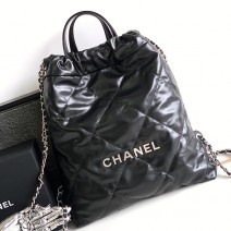 Small Chanel 22 Shiny Calfskin Backpack Black with Silver AS3859