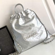 Small Chanel 22 Shiny Calfskin Backpack Silver AS3859